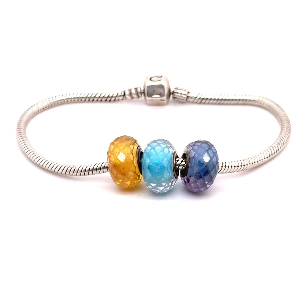 Chamilia Sterling Silver Snake Chain Charm Bracelet 8in with 3 Glass Beads